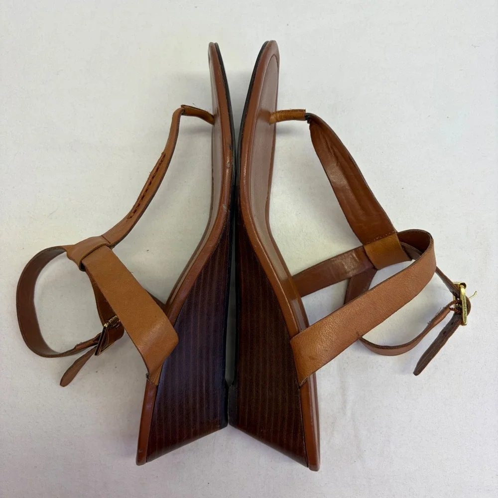 Lauren Ralph Lauren Wedge Sandals Womens 10B Brown Leather T-Strap Boho Preppy
